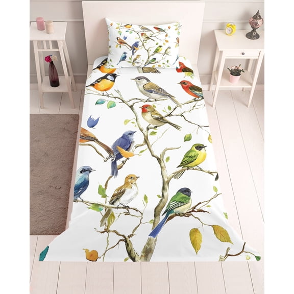 3 Piece Twin Sheet Set Bird Leaf Sheets Set for Twin Size Bed, Breathable Soft Microfiber Bed Sheets Cooling Spring Summer Tree Branch Farmhouse Retro Fitted Sheet Deep Pocket, Pillowcases
