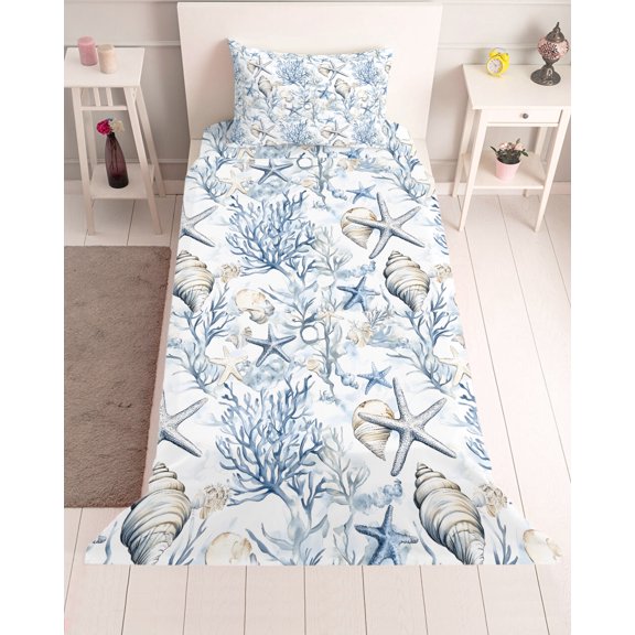 3 Piece Twin Sheet Set Blue Coastal Sheets Set for Twin Size Bed, Breathable Soft Microfiber Bed Sheets Cooling Ocean Coral Starfish Conch Sea Watercolor Fitted Sheet Deep Pocket, Pillowcases
