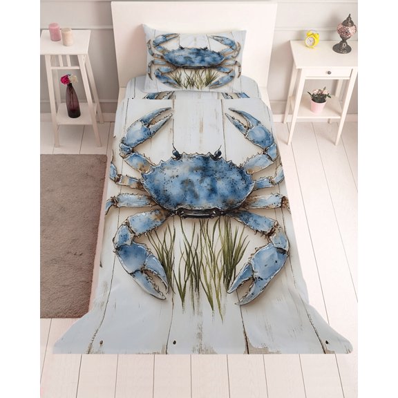 3 Piece Twin Sheet Set Blue Crab Coastal Sheets Set for Twin Size Bed, Breathable Soft Microfiber Bed Sheets Cooling Vintage Beach Nautical Coral Sea Fitted Sheet Deep Pocket, Pillowcases