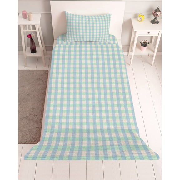 3 Piece Twin Sheet Set Blue Green Sheets Set for Twin Size Bed, Breathable Soft Microfiber Bed Sheets Cooling Grid Checkered Plaid Gingham Lattice Trellis Fitted Sheet Deep Pocket, Pillowcases