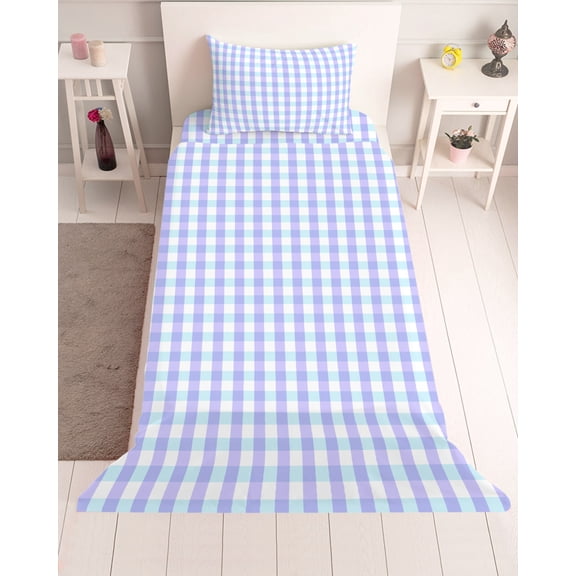 3 Piece Twin Sheet Set Blue Grid Sheets Set for Twin Size Bed, Breathable Soft Microfiber Bed Sheets Cooling Checkered Plaid Gingham Lattice Trellis Print Fitted Sheet Deep Pocket, Pillowcases