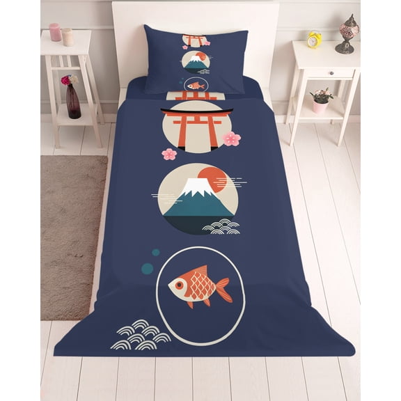3 Piece Twin Sheet Set Blue Japanese Sheets Set for Twin Size Bed, Breathable Soft Microfiber Bed Sheets Cooling Harmony Cherry Mount Fuji Cartoon Wave Fish Fitted Sheet Deep Pocket, Pillowcases