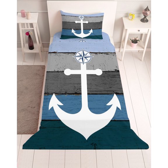 3 Piece Twin Sheet Set Blue Nautical Anchor Sheets Set for Twin Size Bed, Breathable Soft Microfiber Bed Sheets Cooling Rustic Distressed Wood Grain Fitted Sheet Deep Pocket, Pillowcases