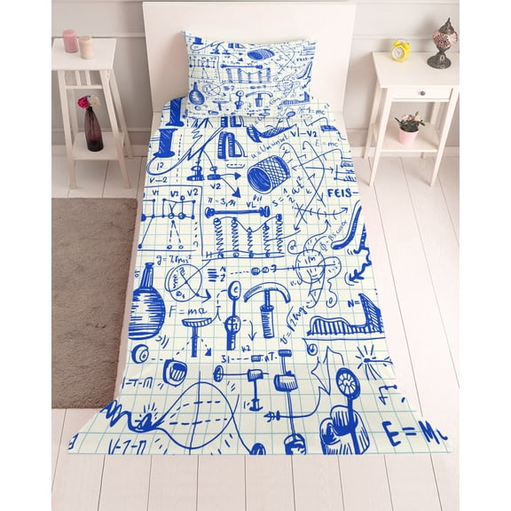 3 Piece Twin Sheet Set Blue Physics Sheets Set for Twin Size Bed, Breathable Soft Microfiber Bed Sheets Cooling Model Laboratory Formula Equations Plaid Fitted Sheet Deep Pocket, Pillowcases