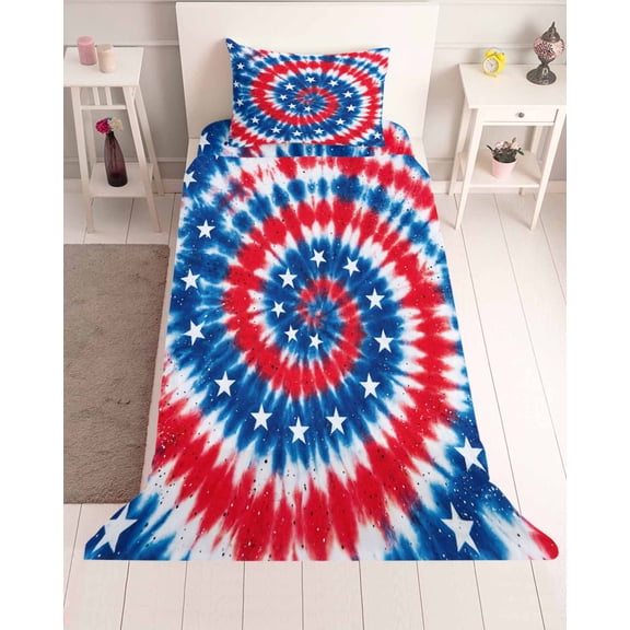 3 Piece Twin Sheet Set Blue Red Tie-dye Sheets Set for Twin Size Bed, Breathable Soft Microfiber Bed Sheets Cooling Vintage American Stars Abstract Art Fitted Sheet Deep Pocket, Pillowcases