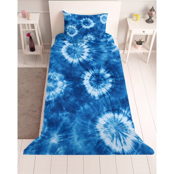 3 Piece Twin Sheet Set Blue Tie Dye Sheets Set for Twin Size Bed, Breathable Soft Microfiber Bed Sheets Cooling Boho Ethnic Abstract Ombre Pattern Art Fitted Sheet Deep Pocket, Pillowcases