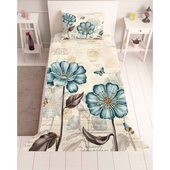 3 Piece Twin Sheet Set Blue Tulip Sheets Set for Twin Size Bed, Breathable Soft Microfiber Bed Sheets Cooling Vintage Flowers Leaves Butterfly Botanical Fitted Sheet Deep Pocket, Pillowcases