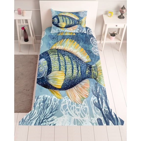 3 Piece Twin Sheet Set Blue Yellow Fish Sheets Set for Twin Size Bed, Breathable Soft Microfiber Bed Sheets Cooling Summer Ocean Watercolor Coral Fitted Sheet Deep Pocket, Pillowcases