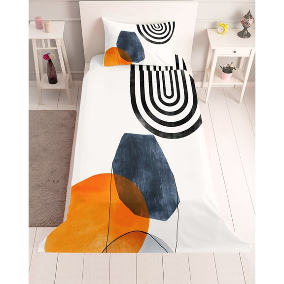 3 Piece Twin Sheet Set Boho Geometric Sheets Set for Twin Size Bed, Breathable Soft Microfiber Bed Sheets Cooling Modern Middle Century Abstract Striped Fitted Sheet Deep Pocket, Pillowcases
