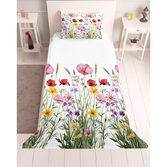 3 Piece Twin Sheet Set Botanical Flowers Sheets Set for Twin Size Bed, Breathable Soft Microfiber Bed Sheets Cooling Spring Budding Wild Floral Herbs Fitted Sheet Deep Pocket, Pillowcases