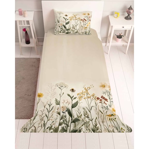 3 Piece Twin Sheet Set Botanical Sheets Set for Twin Size Bed, Breathable Soft Microfiber Bed Sheets Cooling Retro Plant Wildflower Green Leaf Ferns Fitted Sheet Deep Pocket, Pillowcases
