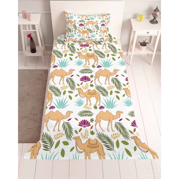 3 Piece Twin Sheet Set Brown Camels Sheets Set for Twin Size Bed, Breathable Soft Microfiber Bed Sheets Cooling Desert Animals Aloe Vera Green Leaves Fitted Sheet Deep Pocket, Pillowcases