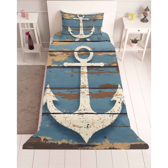 3 Piece Twin Sheet Set Brown Nautical Anchor Sheets Set for Twin Size Bed, Breathable Soft Microfiber Bed Sheets Cooling Coastal Vintage Rustic Blue Wood Fitted Sheet Deep Pocket, Pillowcases