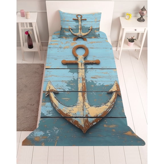 3 Piece Twin Sheet Set Brown Nautical Anchor Sheets Set for Twin Size Bed, Breathable Soft Microfiber Bed Sheets Cooling Vintage Rustic Blue Wooden Plank Fitted Sheet Deep Pocket, Pillowcases
