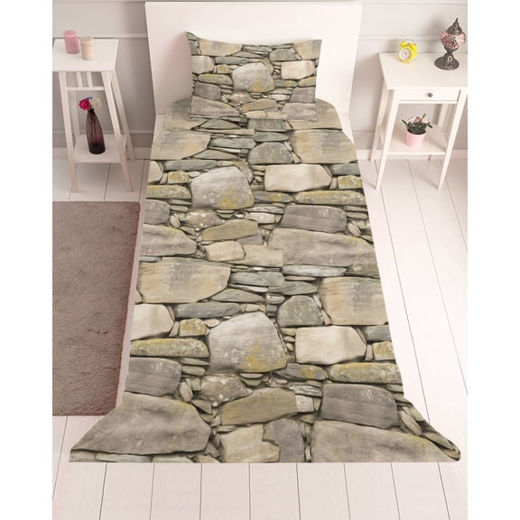 3 Piece Twin Sheet Set Brown Stone Wall Sheets Set for Twin Size Bed, Breathable Soft Microfiber Bed Sheets Cooling Vintage Country Rocks Brick Pattern Fitted Sheet Deep Pocket, Pillowcases