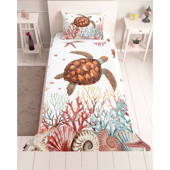 3 Piece Twin Sheet Set Brown Turtle Coastal Sheets Set for Twin Size Bed, Breathable Soft Microfiber Bed Sheets Cooling Summer Beach Nautical Coral Shells Ocean Fitted Sheet Deep Pocket, Pillowcases