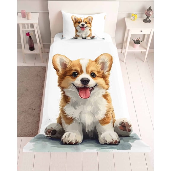 3 Piece Twin Sheet Set Brown White Puppy Sheets Set for Twin Size Bed, Breathable Soft Microfiber Bed Sheets Cooling Watercolor Smile Dog Modern Fitted Sheet Deep Pocket, Pillowcases