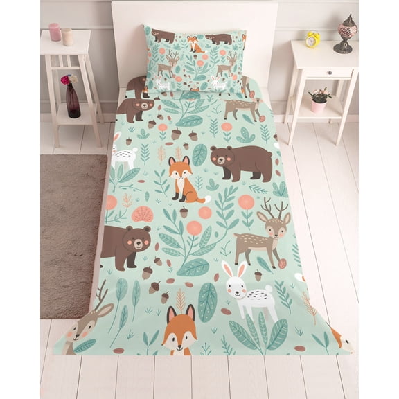 3 Piece Twin Sheet Set Cartoon Animals Sheets Set for Twin Size Bed, Breathable Soft Microfiber Bed Sheets Cooling Bunny Foxes Elk Abstract Art Fitted Sheet Deep Pocket, Pillowcases