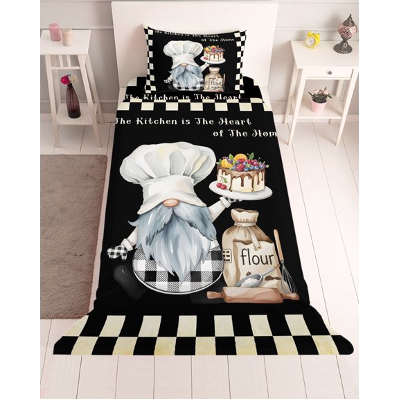 3 Piece Twin Sheet Set Chef Gnomes Sheets Set for Twin Size Bed, Breathable Soft Microfiber Bed Sheets Cooling Black White Plaid Dessert Maker Cake Fitted Sheet Deep Pocket, Pillowcases