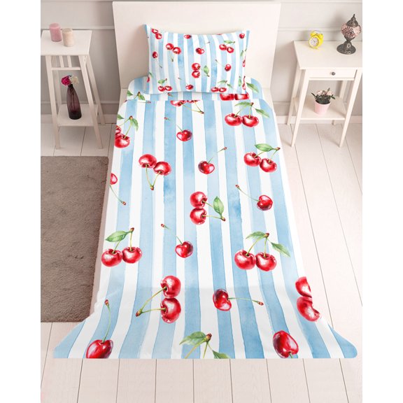 3 Piece Twin Sheet Set Cherry Farmhouse Sheets Set for Twin Size Bed, Breathable Soft Microfiber Bed Sheets Cooling Spring Summer Fruit Blue Striped Fitted Sheet Deep Pocket, Pillowcases