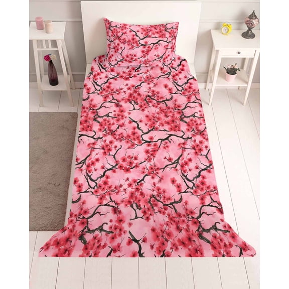3 Piece Twin Sheet Set Chinese Flowers Sheets Set for Twin Size Bed, Breathable Soft Microfiber Bed Sheets Cooling Spring Pink Peach Blossoms Floral Fitted Sheet Deep Pocket, Pillowcases