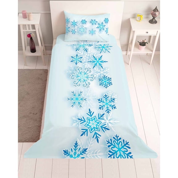 3 Piece Twin Sheet Set Christmas Sheets Set for Twin Size Bed, Breathable Soft Microfiber Bed Sheets Cooling Winter Blue Xmas Snowflowers Patterned Fitted Sheet Deep Pocket, Pillowcases