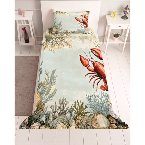3 Piece Twin Sheet Set Coastal Beach Sheets Set for Twin Size Bed, Breathable Soft Microfiber Bed Sheets Cooling Lobster Beach Coral Shell Nautical Retro Fitted Sheet Deep Pocket, Pillowcases