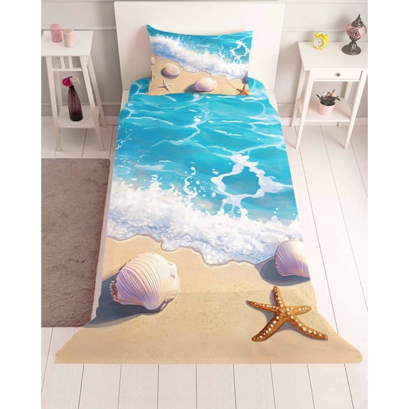 3 Piece Twin Sheet Set Coastal Beach Sheets Set for Twin Size Bed, Breathable Soft Microfiber Bed Sheets Cooling Nautical Ocean Starfish Shells Sea Waves Fitted Sheet Deep Pocket, Pillowcases