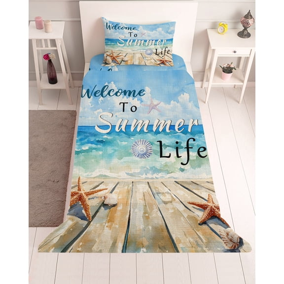 3 Piece Twin Sheet Set Coastal Beach Sheets Set for Twin Size Bed, Breathable Soft Microfiber Bed Sheets Cooling Retro Summer Ocean Wave Starfish Shell Fitted Sheet Deep Pocket, Pillowcases