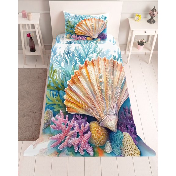 3 Piece Twin Sheet Set Coastal Beach Sheets Set for Twin Size Bed, Breathable Soft Microfiber Bed Sheets Cooling Summer Ocean Colorful Shell Coral Fitted Sheet Deep Pocket, Pillowcases