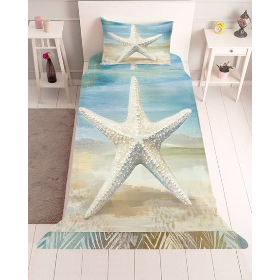 3 Piece Twin Sheet Set Coastal Beach Sheets Set for Twin Size Bed, Breathable Soft Microfiber Bed Sheets Cooling Summer Ocean Wave Retro Starfish Textured Fitted Sheet Deep Pocket, Pillowcases