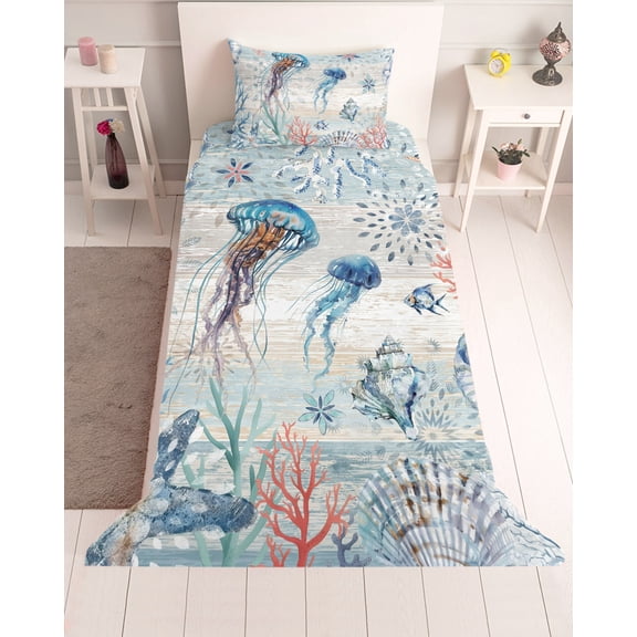 3 Piece Twin Sheet Set Coastal Jellyfish Sheets Set for Twin Size Bed, Breathable Soft Microfiber Bed Sheets Cooling Blue Nautical Marine Life Conch Coral Fitted Sheet Deep Pocket, Pillowcases