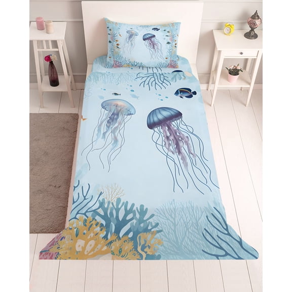 3 Piece Twin Sheet Set Coastal Jellyfish Sheets Set for Twin Size Bed, Breathable Soft Microfiber Bed Sheets Cooling Summer Ocean Nautical Fish Coral Fitted Sheet Deep Pocket, Pillowcases