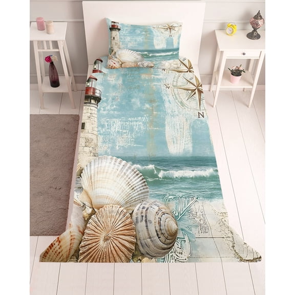 3 Piece Twin Sheet Set Coastal Nautical Sheets Set for Twin Size Bed, Breathable Soft Microfiber Bed Sheets Cooling Summer Beach Wave Starfish Shell Fitted Sheet Deep Pocket, Pillowcases