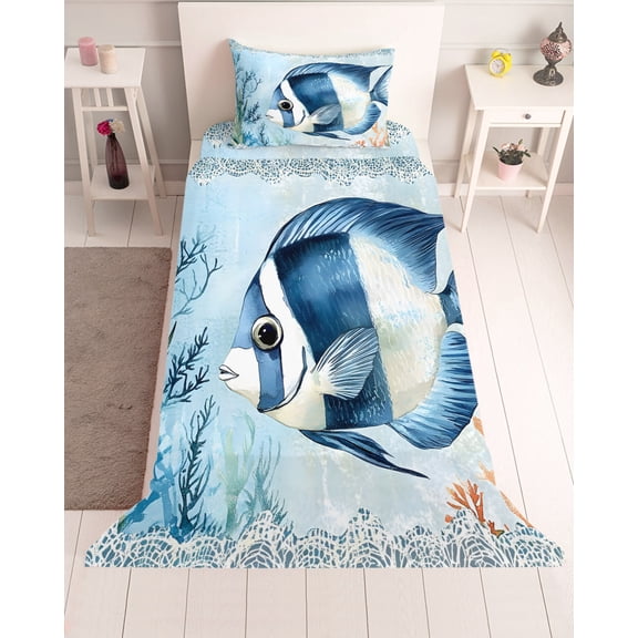 3 Piece Twin Sheet Set Coastal Ocean Fish Sheets Set for Twin Size Bed, Breathable Soft Microfiber Bed Sheets Cooling Summer Watercolor Coral Fitted Sheet Deep Pocket, Pillowcases
