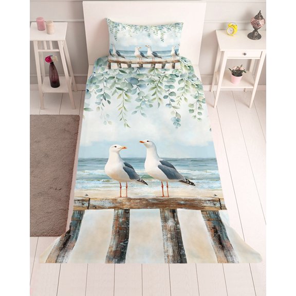 3 Piece Twin Sheet Set Coastal Seagull Sheets Set for Twin Size Bed, Breathable Soft Microfiber Bed Sheets Cooling Spring Summer Eucalyptus Leaves Beach Fitted Sheet Deep Pocket, Pillowcases