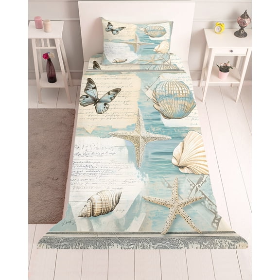3 Piece Twin Sheet Set Coastal Sheets Set for Twin Size Bed, Breathable Soft Microfiber Bed Sheets Cooling Butterfly Summer Beach Nautical Conch Starfish Fitted Sheet Deep Pocket, Pillowcases