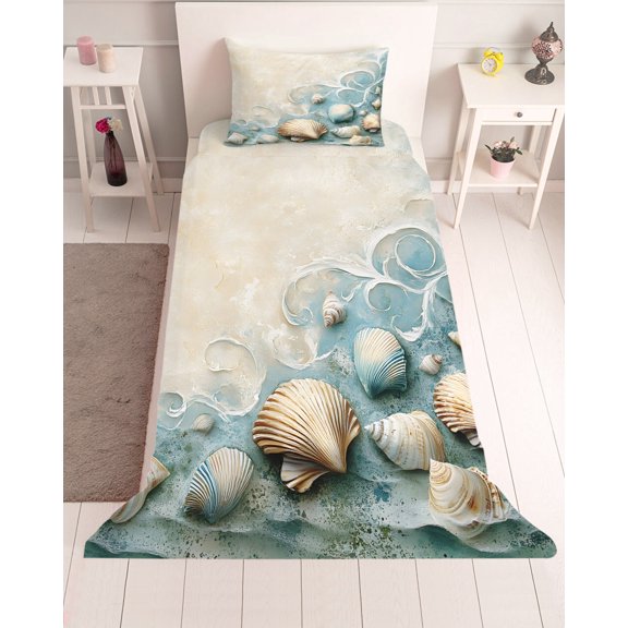 3 Piece Twin Sheet Set Coastal Shell Sheets Set for Twin Size Bed, Breathable Soft Microfiber Bed Sheets Cooling Summer Beach Nautical Seaside Fitted Sheet Deep Pocket, Pillowcases