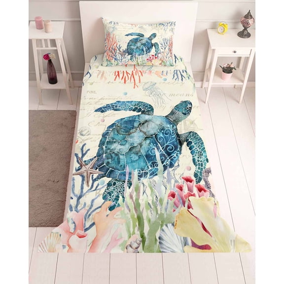3 Piece Twin Sheet Set Coastal Turtle Sheets Set for Twin Size Bed, Breathable Soft Microfiber Bed Sheets Cooling Farmhouse Nautical Coral Jellyfish Starfish Fitted Sheet Deep Pocket, Pillowcases