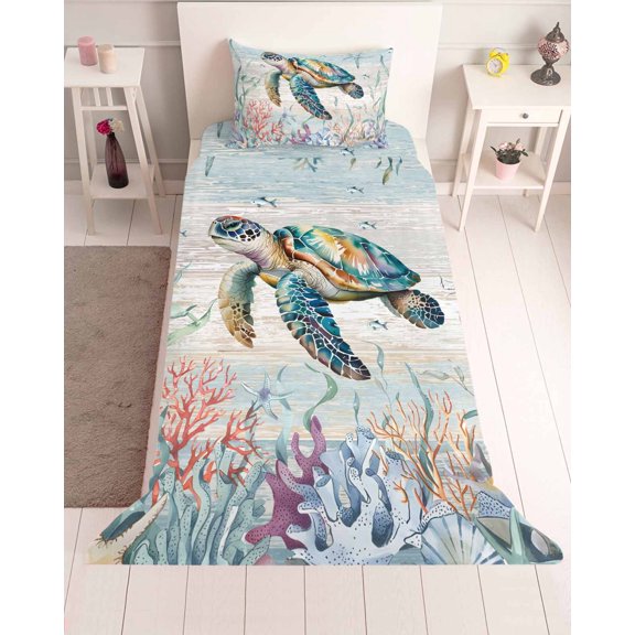 3 Piece Twin Sheet Set Coastal Turtle Sheets Set for Twin Size Bed, Breathable Soft Microfiber Bed Sheets Cooling Nautical Beach Sea Ocean Coral Vintage Fitted Sheet Deep Pocket, Pillowcases