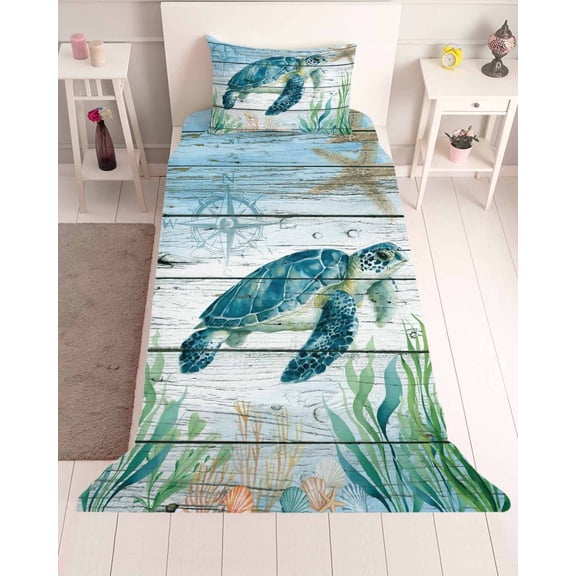 3 Piece Twin Sheet Set Coastal Turtle Sheets Set for Twin Size Bed, Breathable Soft Microfiber Bed Sheets Cooling Nautical Ocean Shells Seaweeds Starfish Fitted Sheet Deep Pocket, Pillowcases