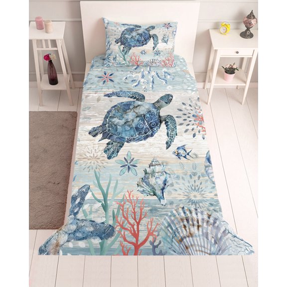 3 Piece Twin Sheet Set Coastal Turtle Sheets Set for Twin Size Bed, Breathable Soft Microfiber Bed Sheets Cooling Rustic Nautical Starfish Conch Coral Wood Fitted Sheet Deep Pocket, Pillowcases