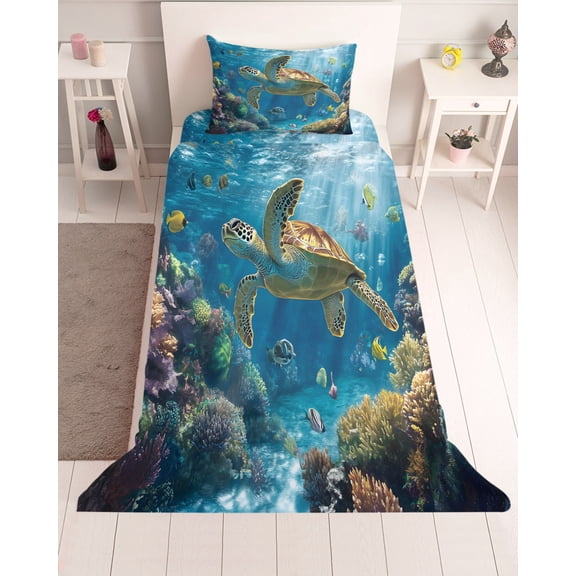 3 Piece Twin Sheet Set Coastal Turtle Sheets Set for Twin Size Bed, Breathable Soft Microfiber Bed Sheets Cooling Turquoise Tropical Ocean Animal Coral Fitted Sheet Deep Pocket, Pillowcases