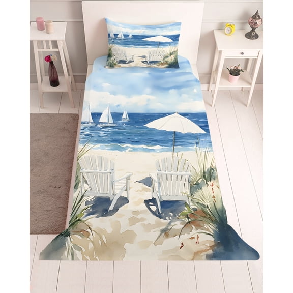 3 Piece Twin Sheet Set Coastal Wave Blue Sheets Set for Twin Size Bed, Breathable Soft Microfiber Bed Sheets Cooling Nautical Ocean Beach Sea Oil Painting Fitted Sheet Deep Pocket, Pillowcases