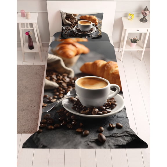 3 Piece Twin Sheet Set Coffee Beans Sheets Set for Twin Size Bed, Breathable Soft Microfiber Bed Sheets Cooling Hot Latte Cup Bread Rustic Cafe Time Fitted Sheet Deep Pocket, Pillowcases