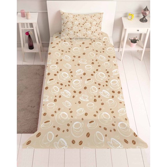3 Piece Twin Sheet Set Coffee Cups Sheets Set for Twin Size Bed, Breathable Soft Microfiber Bed Sheets Cooling Vintage Country Leisure Coffee Beans Beige Fitted Sheet Deep Pocket, Pillowcases