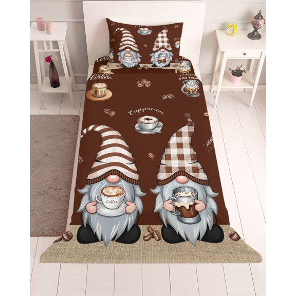 3 Piece Twin Sheet Set Coffee Gnomes Sheets Set for Twin Size Bed, Breathable Soft Microfiber Bed Sheets Cooling Coffee Beans Cups Brown Fitted Sheet Deep Pocket, Pillowcases