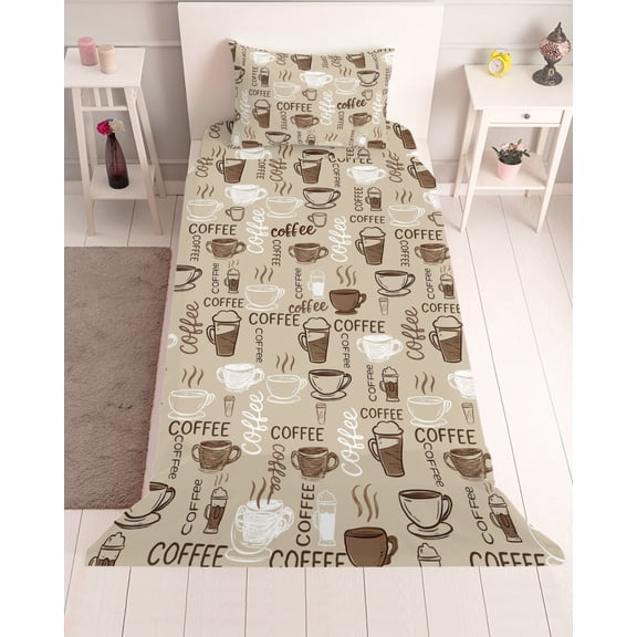 3 Piece Twin Sheet Set Coffee Sheets Set for Twin Size Bed, Breathable Soft Microfiber Bed Sheets Cooling Beige Farmhouse Retro Beans Latte Tea Cup Funny Fitted Sheet Deep Pocket, Pillowcases