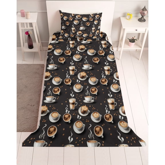 3 Piece Twin Sheet Set Coffee Sheets Set for Twin Size Bed, Breathable Soft Microfiber Bed Sheets Cooling Hot Cafe Cup Beans Modern Retro Black Fitted Sheet Deep Pocket, Pillowcases