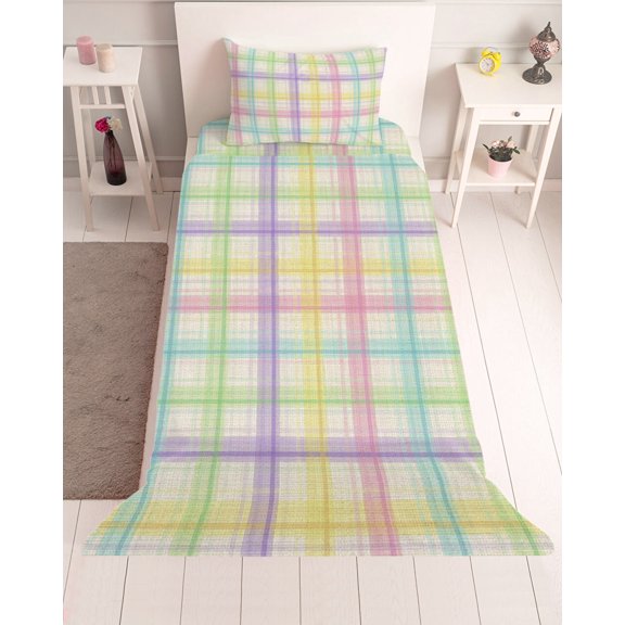 3 Piece Twin Sheet Set Colorful Grid Plaid Sheets Set for Twin Size Bed, Breathable Soft Microfiber Bed Sheets Cooling Country Vintage Simple Geometric Fitted Sheet Deep Pocket, Pillowcases
